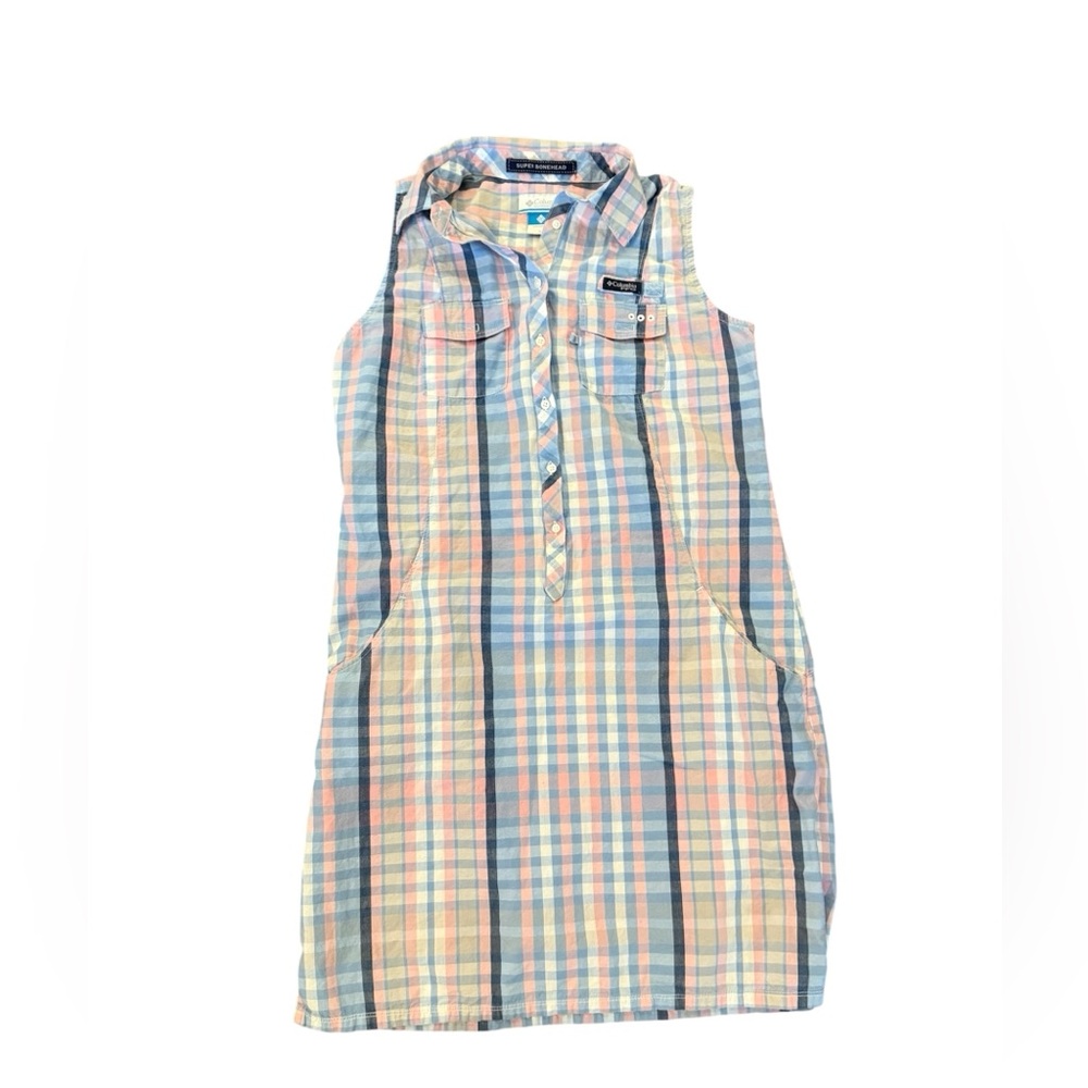 Columbia Women’s Plaid Sleeveless Cotton  Henley Dress Pockets Blue Pink Sz S